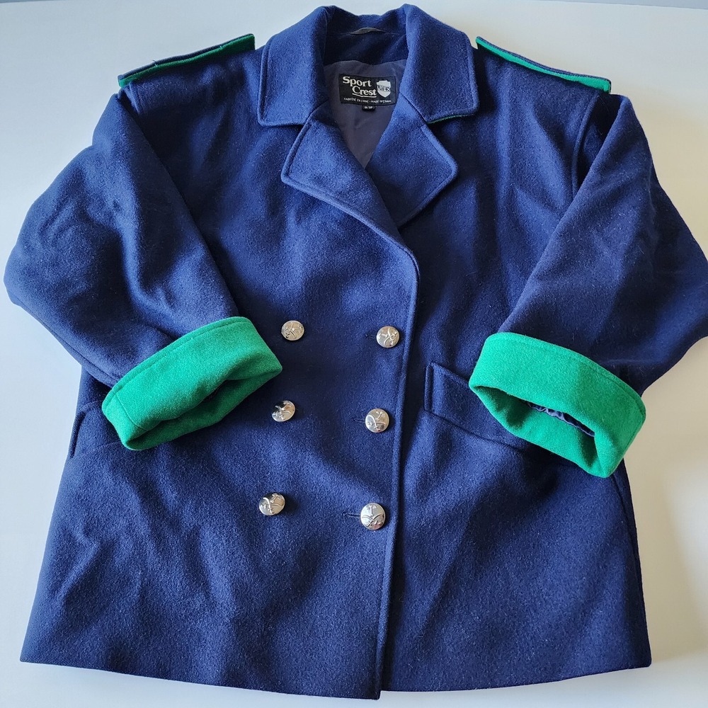 Vtg‎ Wool Jacket Womens 9 10 Pea Coat Navy Kelly Green Double Breasted 80s Y2K